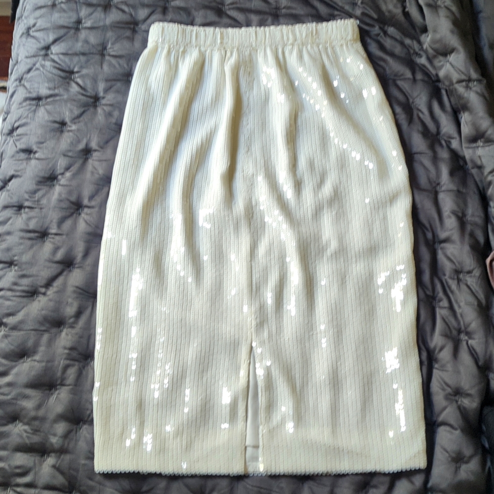 J Crew Allover Sequin Midi Skirt Pull On White